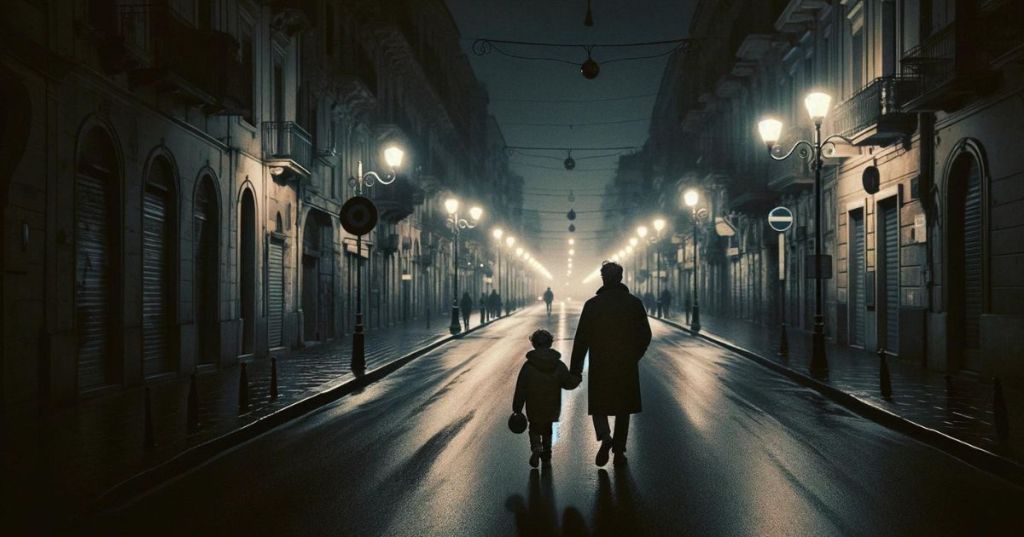 Bambino che passeggia col padre in città.